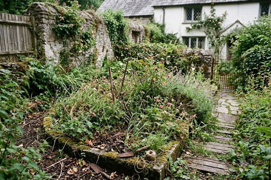 Overgrown garden bed beside a stone path leading to a cottage gate. The raised bed is filled with faded plants and tangled stems, with gardening tools and twine resting on the moss covered stone edge, showing the space before restoration.