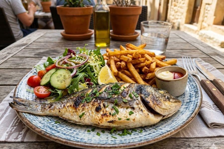 Grilled whole fish served with potato fries. salad. lemon. and dipping sauce on an outdoor restaurant table.