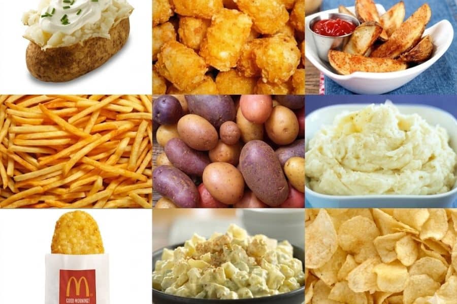Collage of potato foods including a baked potato with sour cream. tater tots. roasted wedges with ketchup. fries. raw potatoes. mashed potatoes. a McDonald’s hash brown sleeve with the text “GOOD MORNING!”. potato salad. and potato chips.