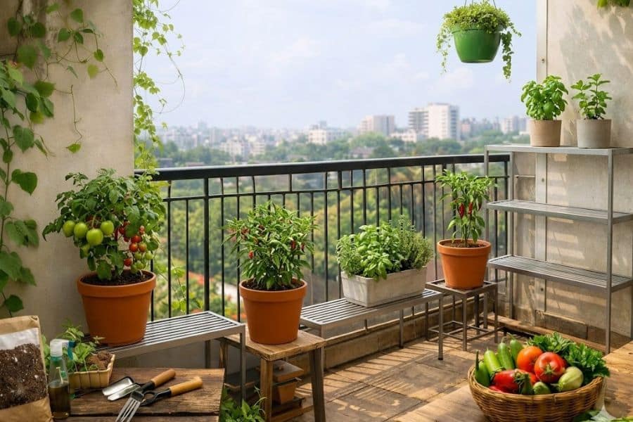 Mini gardens line a sunny apartment balcony with tomatoes and herbs and peppers in pots and raised planters. A basket of fresh vegetables sits in the corner with a city view beyond the railing.