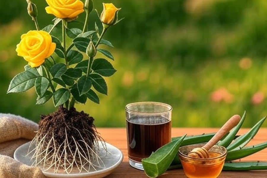 Yellow rose plant with exposed roots displayed beside aloe vera leaves, a glass of dark liquid fertilizer, and a bowl of honey. The arrangement illustrates natural gardening ingredients often discussed for supporting healthy roses.