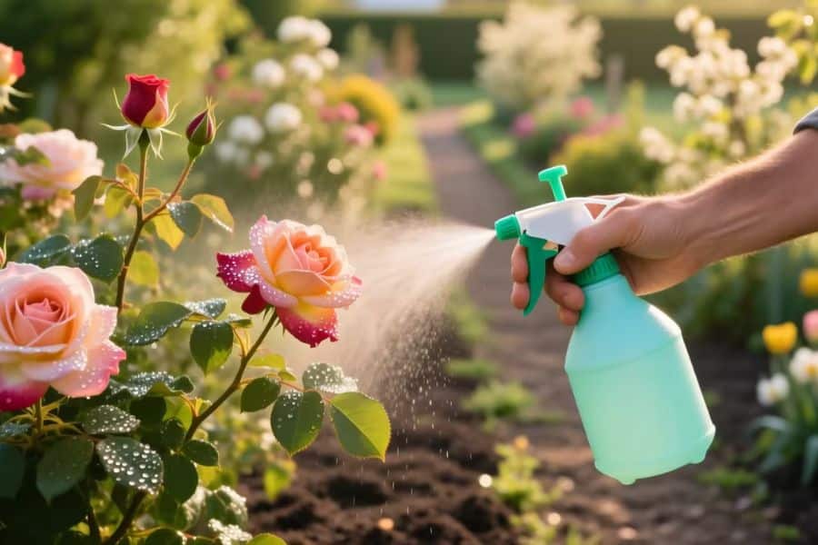 Hand sprays a fine mist onto blooming roses in a sunny garden. Water droplets cover the petals and leaves as part of regular rose care to help maintain healthy, vibrant plants.
