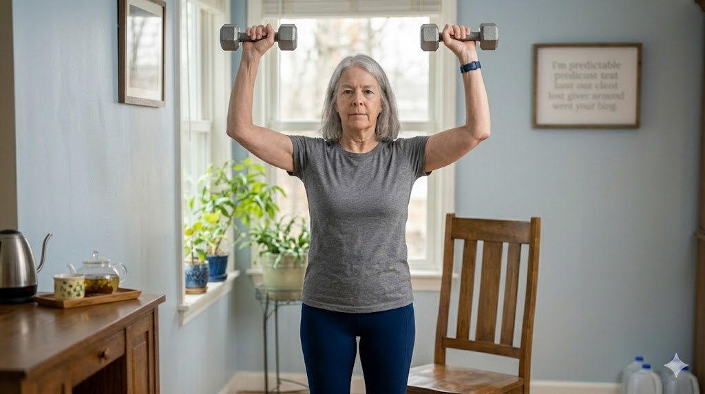An older woman stands indoors with dumbbells raised near shoulder height in a strength training exercise. A chair and houseplants sit behind her in the home workout space.