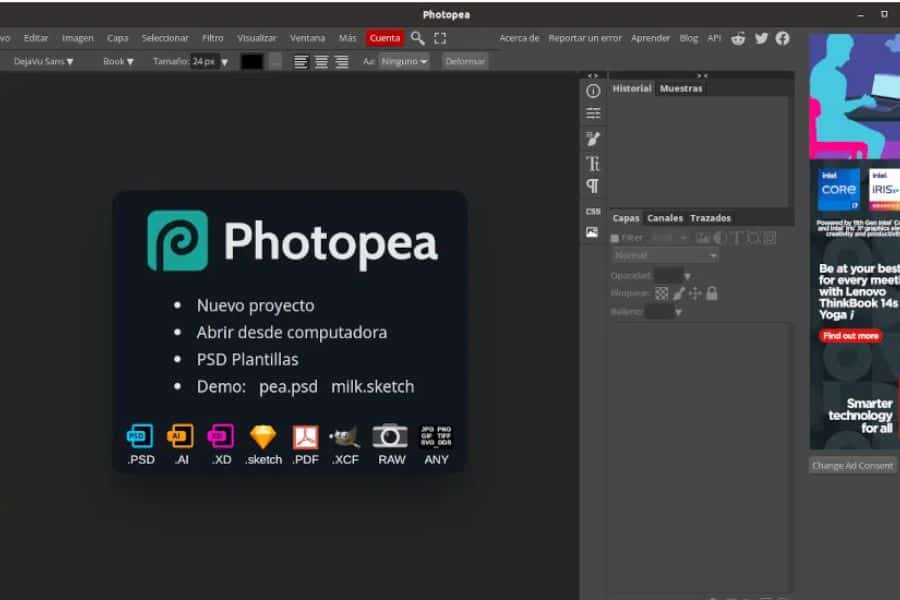 The Photopea editing workspace shows a welcome panel reading "Photopea". "Nuevo proyecto". "Abrir desde computadora". "PSD Plantillas". And "Demo. pea.psd. milk.sketch". File format icons below read "PSD". "AI". "XD". "sketch". "PDF". "XCF". "RAW". And "ANY".