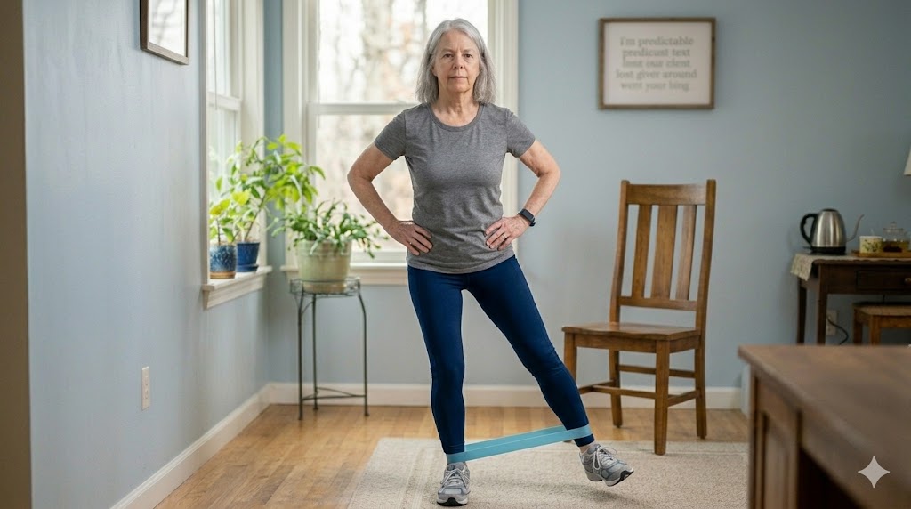 An older woman stands on one leg with her eyes closed in a balance exercise beside a wooden chair. The home setting suggests a simple anti-aging mobility and stability routine.