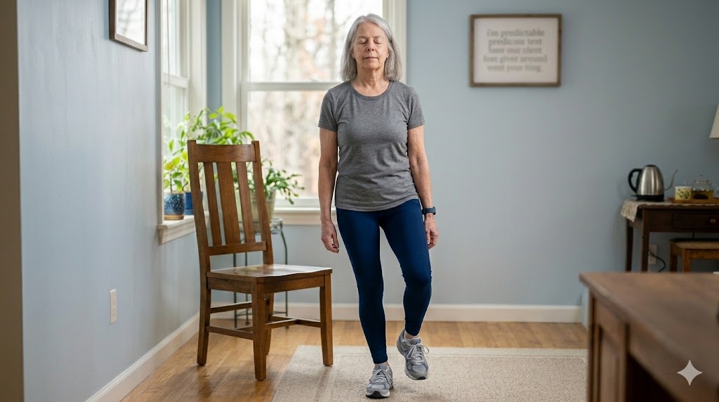 An older woman stands on one leg with her eyes closed in a balance exercise beside a wooden chair. The home setting suggests a simple anti-aging mobility and stability routine.