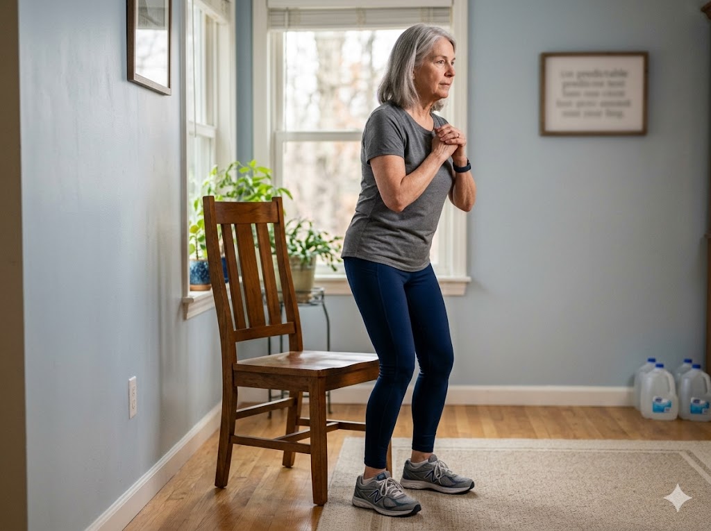 An older woman performs a shallow squat beside a wooden chair with her hands clasped at her chest. The chair provides support for a safe lower body strength exercise at home.