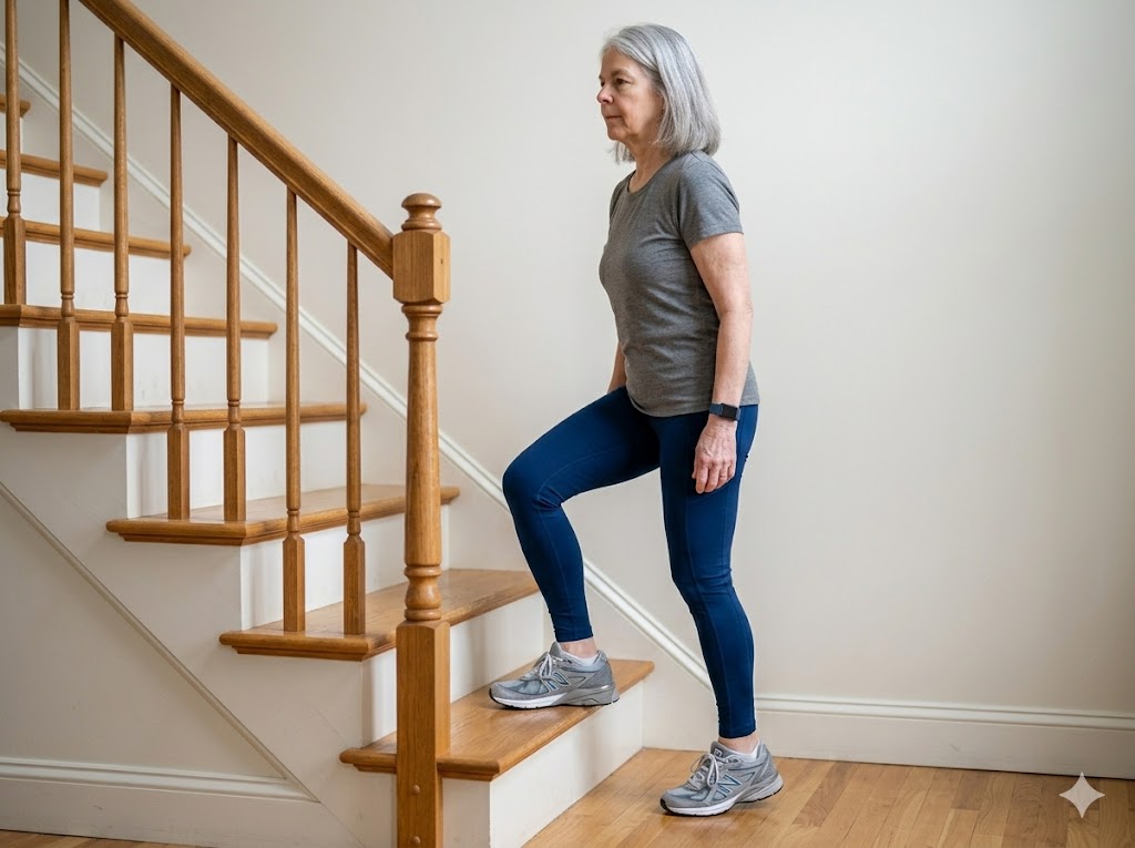 An older woman steps onto a staircase with one foot while keeping an upright posture. The movement shows a practical leg strength exercise using household stairs.