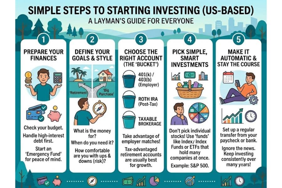 Infographic titled "Simple Steps to Starting Investing. US Based. A Layman's Guide for Everyone." Step 1 "Prepare Your Finances. Check your budget. Handle high interest debt first. Start an Emergency Fund for peace of mind." Step 2 "Define Your Goals and Style. Retirement. Big Purchase. What is the money for. When do you need it. How comfortable are you with ups and downs risk." Step 3 "Choose the Right Account. The Bucket. 401k or 403b Employer. Roth IRA Post Tax. Taxable Brokerage. Take advantage of employer matches. Tax advantaged retirement accounts are usually best for growth." Step 4 "Pick Simple Smart Investments. Do not pick individual stocks. Use funds like Index Funds or ETFs that hold many companies at once. Example S and P 500." Step 5 "Make It Automatic and Stay the Course. Set up a regular transfer from your paycheck or bank. Ignore the news. Keep investing consistently over many years."