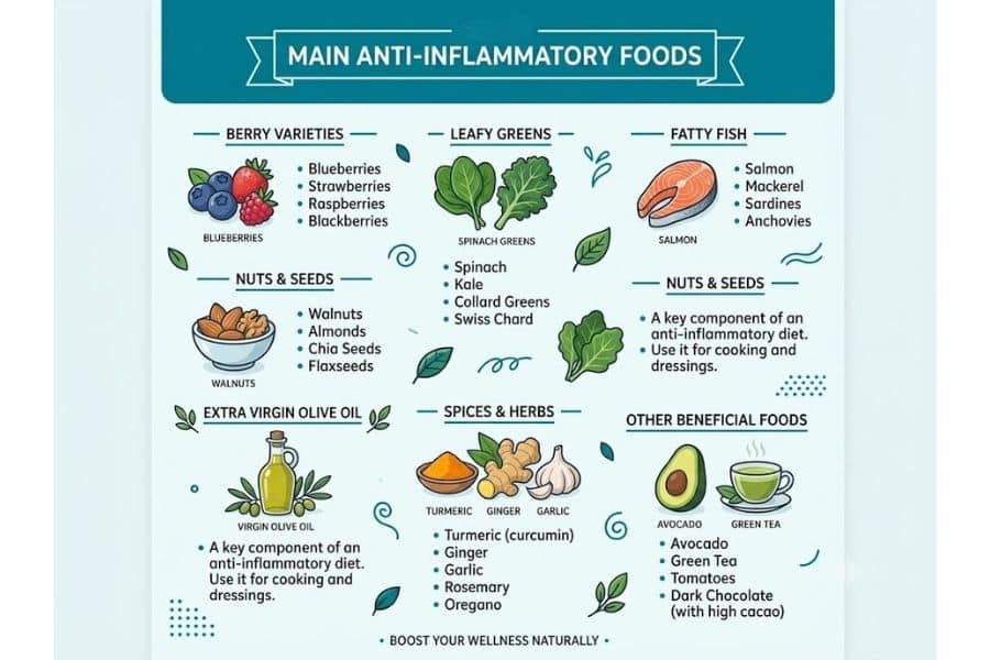 Infographic titled "Main Anti Inflammatory Foods." Categories include berry varieties "Blueberries. Strawberries. Raspberries. Blackberries." Leafy greens "Spinach. Kale. Collard Greens. Swiss Chard." Fatty fish "Salmon. Mackerel. Sardines. Anchovies." Nuts and seeds "Walnuts. Almonds. Chia Seeds. Flaxseeds." Extra virgin olive oil with the text "A key component of an anti inflammatory diet. Use it for cooking and dressings." Spices and herbs "Turmeric curcumin. Ginger. Garlic. Rosemary. Oregano." Other beneficial foods "Avocado. Green Tea. Tomatoes. Dark Chocolate with high cacao."