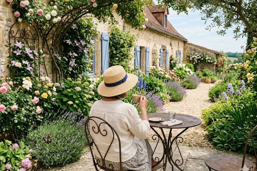 Person wearing a straw hat sits at a small wrought iron table holding a cup of coffee in a cottage garden filled with blooming roses, lavender, and flowering vines. A stone house with blue shutters lines a gravel pathway surrounded by lush greenery and colorful flowers, creating a peaceful countryside setting.