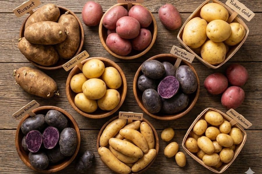 Bowls and baskets of different potatoes arranged on a wooden table. Labels read “Russet”. “Red”. “Yukon Gold”. “Purple Potatoes”. “Fingerling”. and “New Potatoes”.