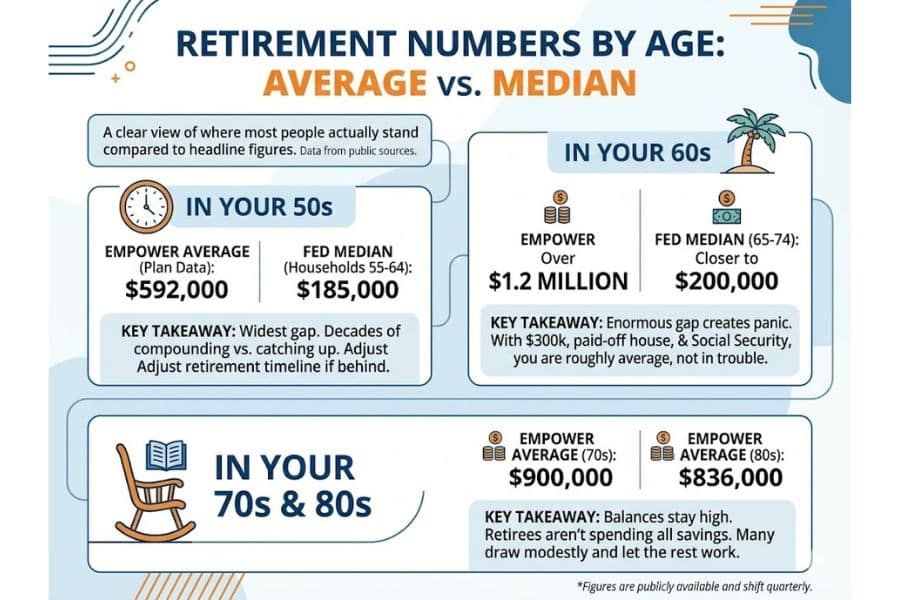 Retirement infographic titled "RETIREMENT NUMBERS BY AGE. AVERAGE VS. MEDIAN." It reads "A clear view of where most people actually stand compared to headline figures. Data from public sources. IN YOUR 50S. EMPOWER AVERAGE. Plan Data. $592,000. FED MEDIAN. Households 55 to 64. $185,000. KEY TAKEAWAY. Widest gap. Decades of compounding vs. catching up. Adjust retirement timeline if behind. IN YOUR 60S. EMPOWER. Over $1.2 MILLION. FED MEDIAN 65 to 74. Closer to $200,000. KEY TAKEAWAY. Enormous gap creates panic. With $300k, paid off house, and Social Security, you are roughly average, not in trouble. IN YOUR 70S & 80S. EMPOWER AVERAGE 70s. $900,000. EMPOWER AVERAGE 80s. $836,000. KEY TAKEAWAY. Balances stay high. Retirees aren't spending all savings. Many draw modestly and let the rest work. Figures are publicly available and shift quarterly."
