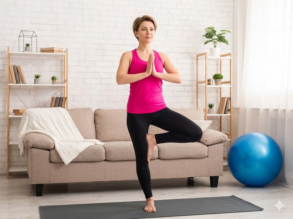 A woman balances in tree pose on a yoga mat in a bright living room with her hands pressed together. A blue exercise ball and couch sit behind her in a home fitness scene for anti aging strength and balance.