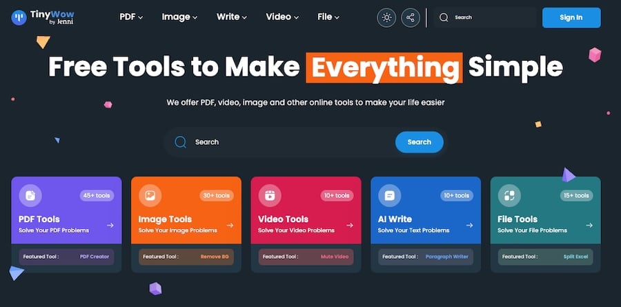 The TinyWow homepage reads "Free Tools to Make Everything simple" and "We offer PDF. video. image and other online tools to make your life easier". Categories shown include "PDF Tools". "Image Tools". "Video Tools". "AI Write". And "File Tools".