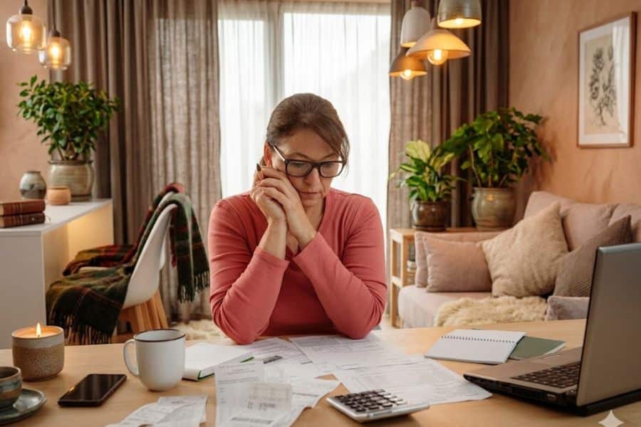 A woman in glasses sits at a dining table with bills, a calculator, a laptop, and a mug while holding her head in her hand. The scene suggests retirement planning stress or reviewing finances at home.