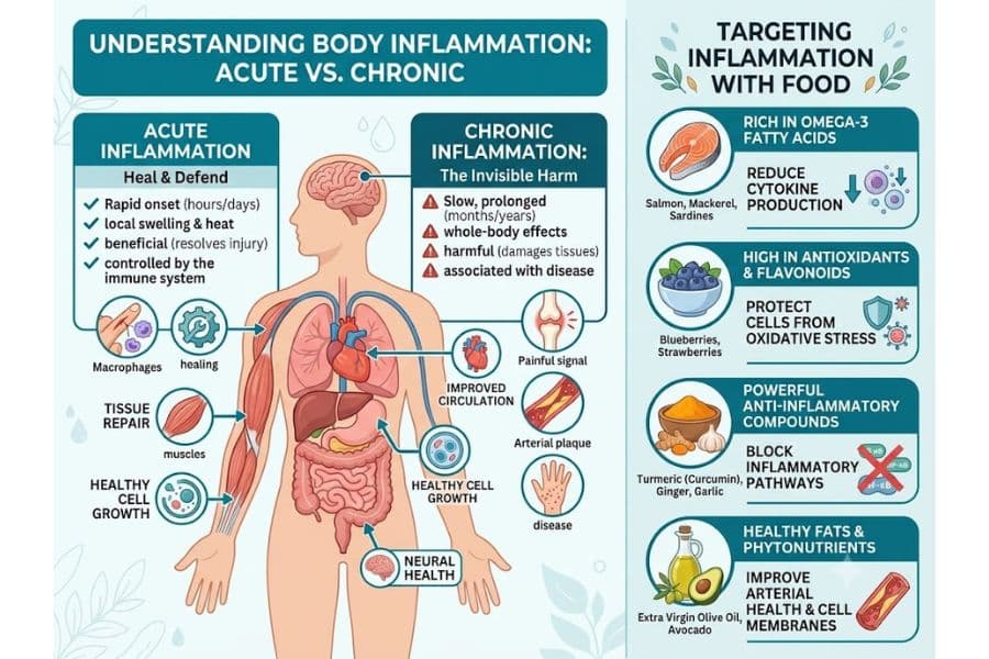 Infographic titled "Understanding Body Inflammation. Acute vs Chronic" and "Targeting Inflammation with Food." The graphic explains acute inflammation as a healing response and chronic inflammation as a long term harmful process associated with disease. It highlights anti inflammation foods including salmon, mackerel, sardines, blueberries, strawberries, turmeric, ginger, garlic, extra virgin olive oil, and avocado, with notes about reducing cytokine production, protecting cells from oxidative stress, blocking inflammatory pathways, and supporting arterial and cell health.