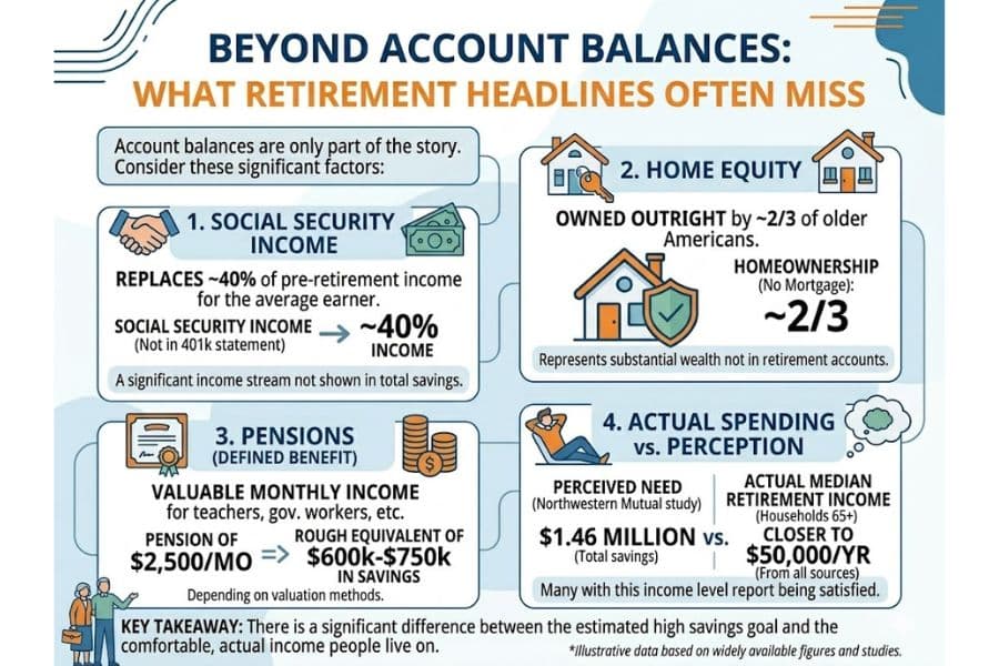 Retirement infographic titled "BEYOND ACCOUNT BALANCES. WHAT RETIREMENT HEADLINES OFTEN MISS." It reads "Account balances are only part of the story. Consider these significant factors. 1. SOCIAL SECURITY INCOME. REPLACES ~40% of pre retirement income for the average earner. SOCIAL SECURITY INCOME. Not in 401k statement. ~40% INCOME. A significant income stream not shown in total savings. 2. HOME EQUITY. OWNED OUTRIGHT by ~2.3 of older Americans. HOMEOWNERSHIP. No Mortgage. ~2.3. Represents substantial wealth not in retirement accounts. 3. PENSIONS. DEFINED BENEFIT. VALUABLE MONTHLY INCOME for teachers, gov. workers, etc. PENSION OF $2,500 MO => ROUGH EQUIVALENT OF $600k to $750k IN SAVINGS. Depending on valuation methods. 4. ACTUAL SPENDING vs. PERCEPTION. PERCEIVED NEED. Northwestern Mutual study. $1.46 MILLION vs. ACTUAL MEDIAN RETIREMENT INCOME. Households 65+. CLOSER TO $50,000 YR. From all sources. Many with this income level report being satisfied. KEY TAKEAWAY. There is a significant difference between the estimated high savings goal and the comfortable, actual income people live on. Illustrative data based on widely available figures and studies."