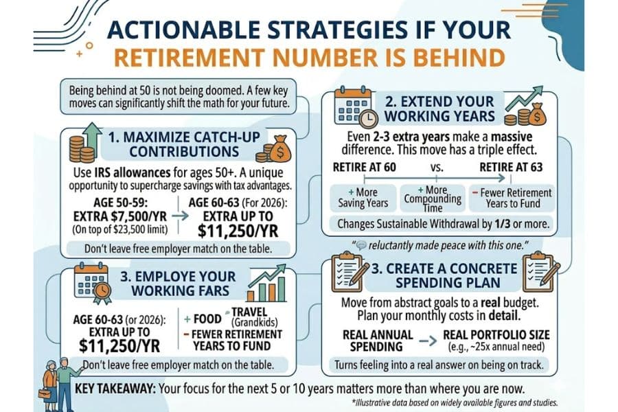 Retirement infographic titled "ACTIONABLE STRATEGIES IF YOUR RETIREMENT NUMBER IS BEHIND." It reads "Being behind at 50 is not being doomed. A few key moves can significantly shift the math for your future. 1. MAXIMIZE CATCH UP CONTRIBUTIONS. Use IRS allowances for ages 50+. A unique opportunity to supercharge savings with tax advantages. AGE 50 to 59. EXTRA $7,500 YR. On top of $23,500 limit. AGE 60 to 63. For 2026. EXTRA UP TO $11,250 YR. Don't leave free employer match on the table. 2. EXTEND YOUR WORKING YEARS. Even 2 to 3 extra years make a massive difference. This move has a triple effect. RETIRE AT 60 vs. RETIRE AT 63. More Saving Years. More Compounding Time. Fewer Retirement Years to Fund. Changes Sustainable Withdrawal by 1.3 or more. reluctantly made peace with this one. 3. EMPLOYE YOUR WORKING FARS. AGE 60 to 63. or 2026. EXTRA UP TO $11,250 YR. FOOD. TRAVEL. Grandkids. FEWER RETIREMENT YEARS TO FUND. Don't leave free employer match on the table. 3. CREATE A CONCRETE SPENDING PLAN. Move from abstract goals to a real budget. Plan your monthly costs in detail. REAL ANNUAL SPENDING -> REAL PORTFOLIO SIZE. e.g. ~25x annual need. Turns feeling into a real answer on being on track. KEY TAKEAWAY. Your focus for the next 5 or 10 years matters more than where you are now. Illustrative data based on widely available figures and studies."
