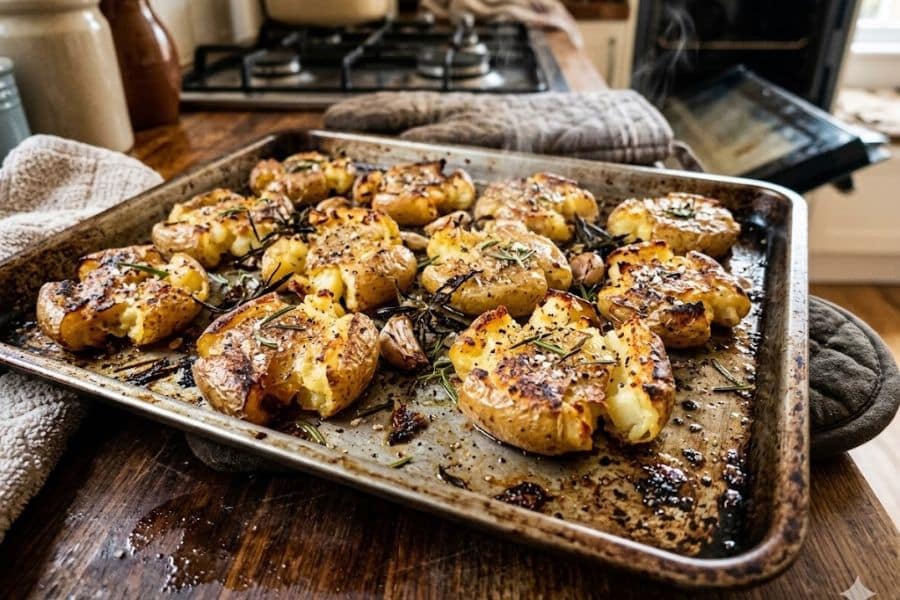 Crispy smashed potatoes roasted on a sheet pan with rosemary. garlic. and browned edges. The tray sits on a kitchen counter beside oven mitts and a stove.