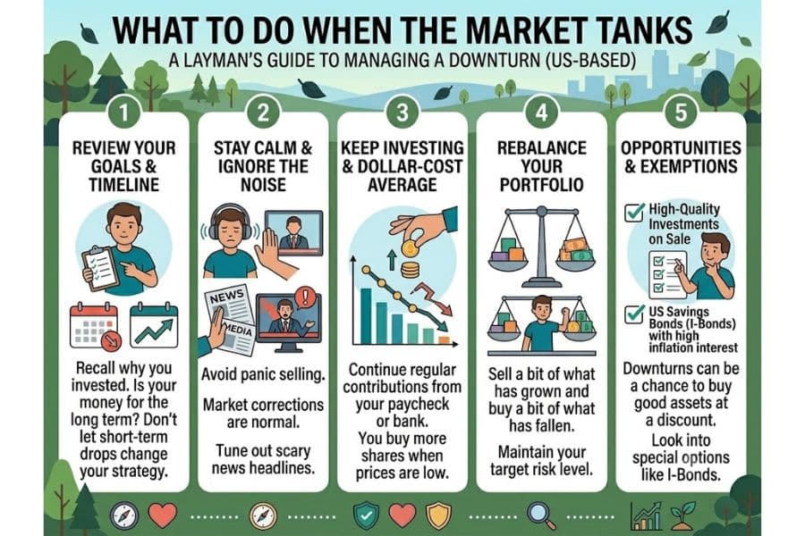 Infographic titled "What to Do When the Market Tanks. A Layman's Guide to Managing a Downturn. US Based." Step 1 "Review Your Goals and Timeline. Recall why you invested. Is your money for the long term. Do not let short term drops change your strategy." Step 2 "Stay Calm and Ignore the Noise. Avoid panic selling. Market corrections are normal. Tune out scary news headlines." Step 3 "Keep Investing and Dollar Cost Average. Continue regular contributions from your paycheck or bank. You buy more shares when prices are low." Step 4 "Rebalance Your Portfolio. Sell a bit of what has grown and buy a bit of what has fallen. Maintain your target risk level." Step 5 "Opportunities and Exemptions. High Quality Investments on Sale. US Savings Bonds I Bonds with high inflation interest. Downturns can be a chance to buy good assets at a discount. Look into special options like I Bonds."