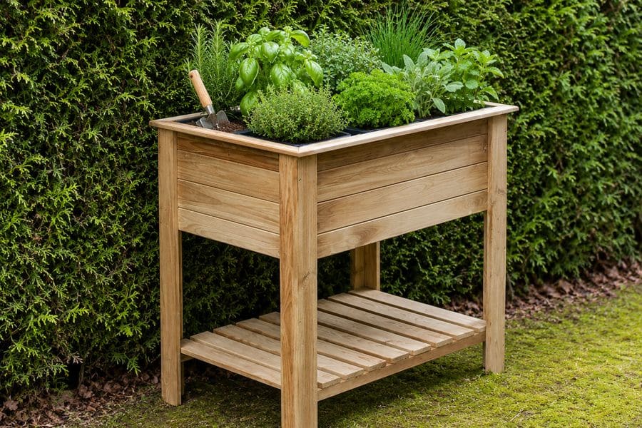 Wooden raised planter filled with basil thyme parsley sage and chives in front of a dense green hedge. A small garden trowel rests in the soil beside the herbs.