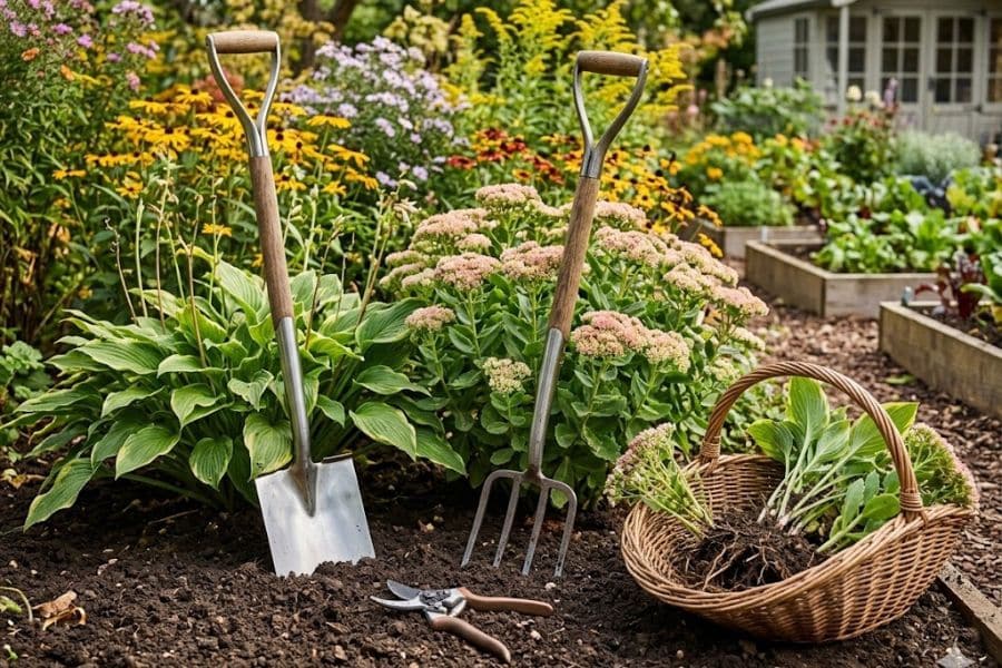 A shovel. garden fork. and pruning shears sit beside a basket of freshly separated plants in a flowering garden bed. The tools and divided root clumps illustrate the process of dividing perennials for replanting.