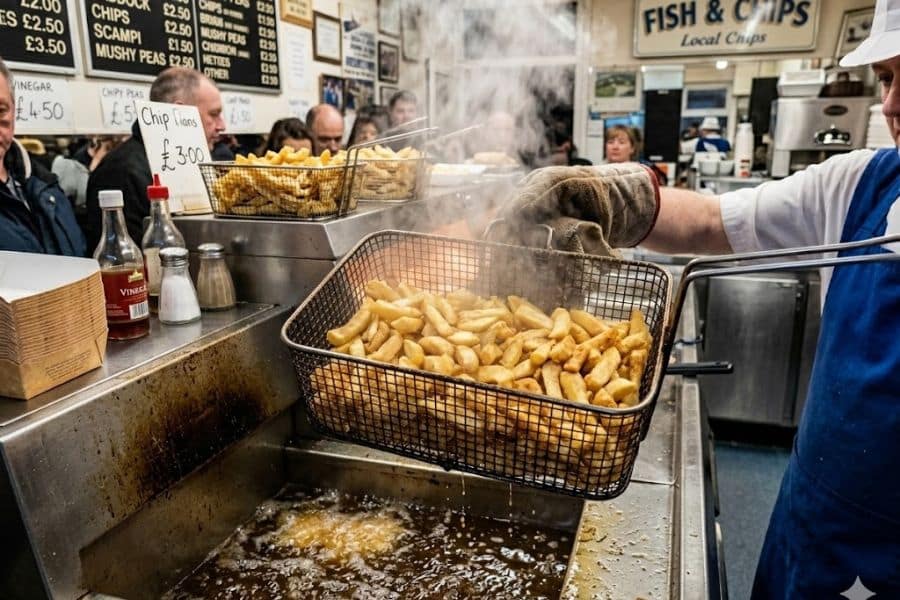 A worker lifts a basket of hot chips from a fryer in a busy fish and chips shop. Signs in the background include “FISH & CHIPS Local Chips”. “Chip Cones £3.00”. and menu prices for chips. scampi. mushy peas. and other sides.