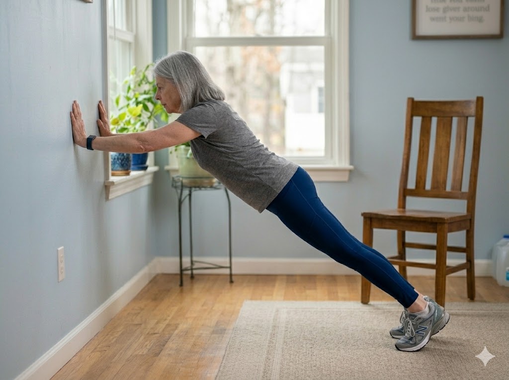 An older woman performs an incline pushup against a wall with her body in a straight line. The exercise offers an accessible upper body strength option for an anti-aging fitness routine.