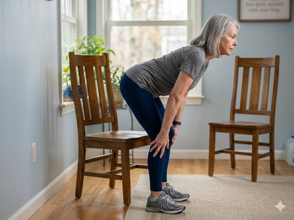 An older woman bends forward with her hands on her knees beside a wooden chair in a bright room. The pose shows a supported hip hinge or warmup movement for anti-aging exercise routines.
