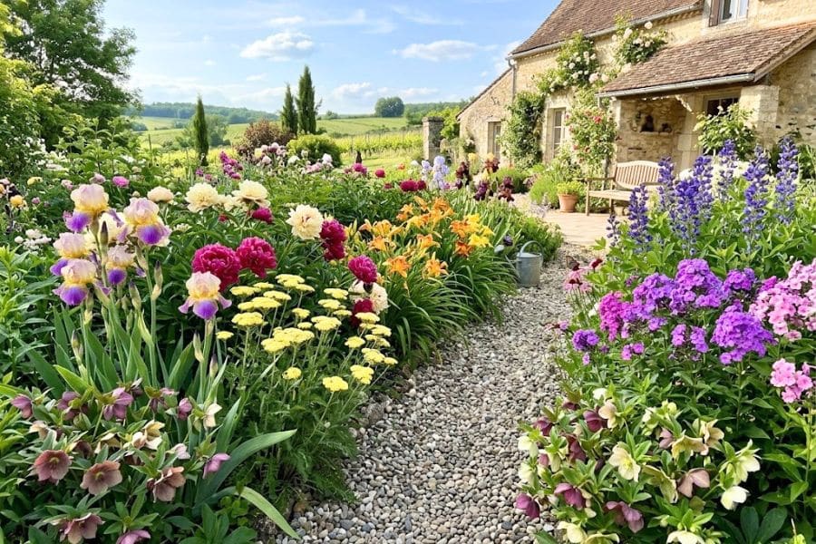 A curved gravel path winds through a colorful cottage garden filled with irises. Peonies. Daylilies. Phlox. And hellebores beside a stone house. The densely planted borders showcase long-living plants that return year after year.