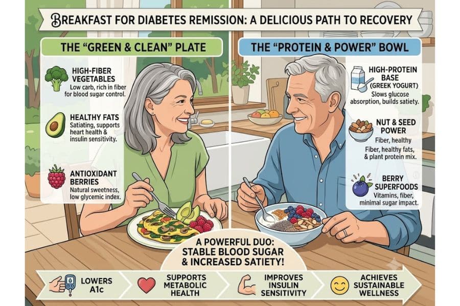 Illustrated breakfast guide for type 2 diabetes showing two older adults eating a vegetable plate and a protein bowl at a kitchen table. Text reads "Breakfast for diabetes remission. A delicious path to recovery. The Green and Clean Plate. High fiber vegetables. Low carb. rich in fiber for blood sugar control. Healthy fats. Satiating. supports heart health and insulin sensitivity. Antioxidant berries. Natural sweetness. low glycemic index. The Protein and Power Bowl. High protein base. Greek yogurt. Slows glucose absorption. builds satiety. Nut and seed power. Fiber. healthy fats. and plant protein mix. Berry superfoods. Vitamins. fiber. minimal sugar impact. A powerful duo. Stable blood sugar and increased satiety. Lowers A1C. Supports metabolic health. Improves insulin sensitivity. Achieves sustainable wellness."