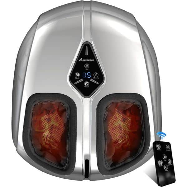 Silver foot massager with heated foot pockets and a small remote control. The product is shown as a recovery tool that may help soothe tired feet after regular walking habits.