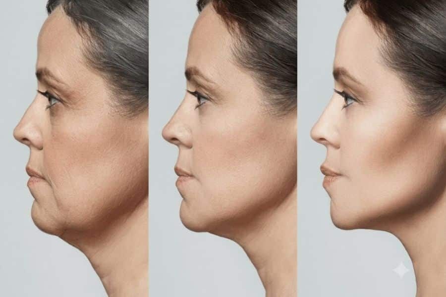 A trio of images showing a woman getting rid of a double chin