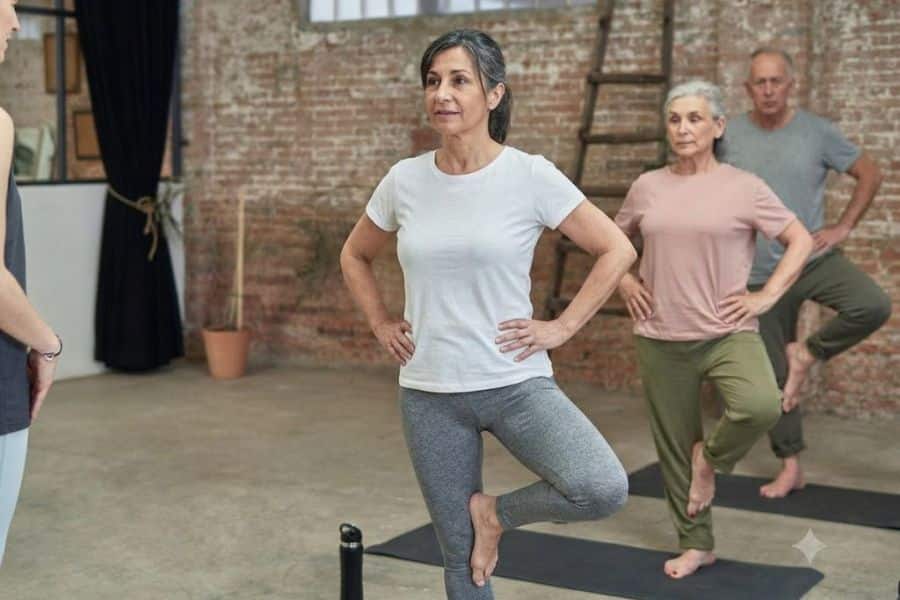 Three older adults balance on one leg during a group fitness class in a brick walled studio. The instructor stands nearby as they practice stability and posture.