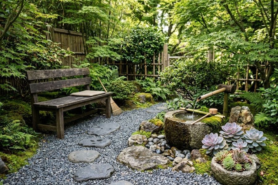 Lush Japanese garden with a weathered wooden bench beside a gravel path and stepping stones. A bamboo water spout fills a stone basin surrounded by moss rocks ferns and succulents in a peaceful Japanese style retreat.
