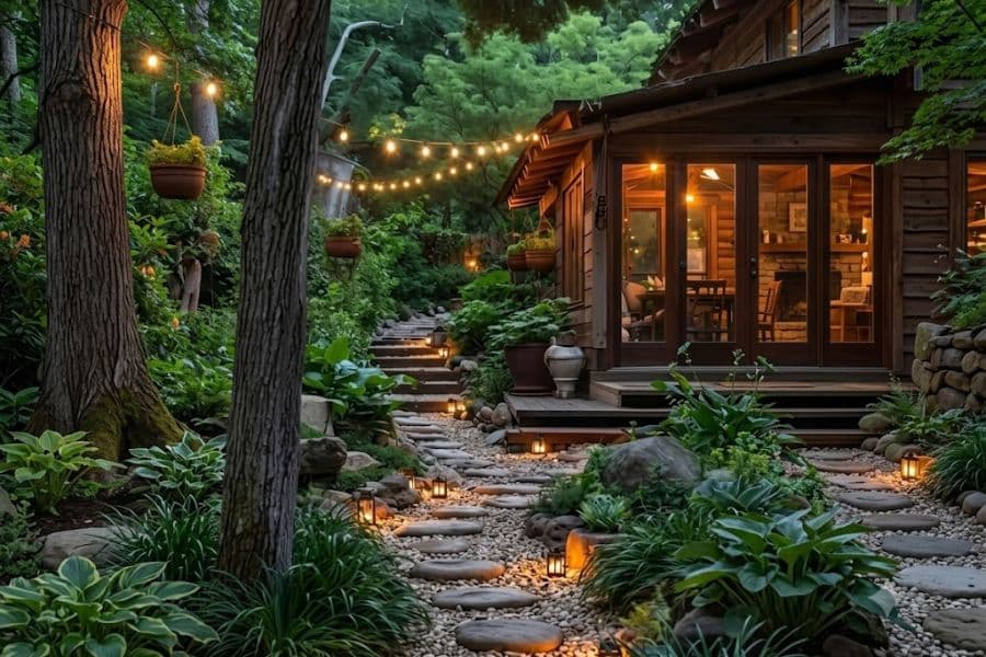 Warmly lit wooden cabin surrounded by dense trees and layered green plants at dusk. Lanterns and string lights illuminate winding stone paths through the secluded Japanese style retreat.