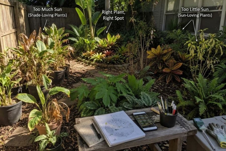 Backyard garden with potted and planted tropical greenery showing how sunlight affects plant placement. Text labels point to different areas and read "Too Much Sun. Shade Loving Plants." "Right Plant. Right Spot." and "Too Little Sun. Sun Loving Plants."