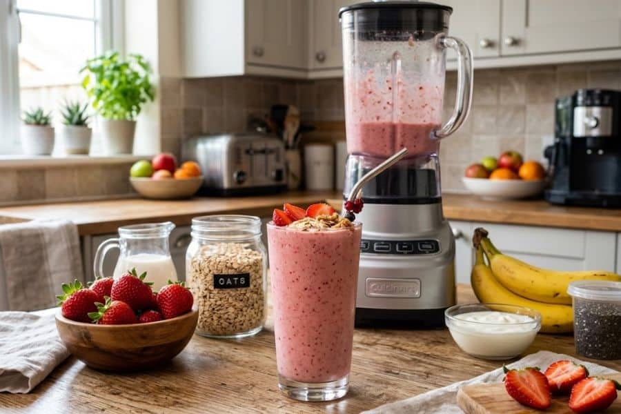 Fresh strawberry oatmeal smoothie in a tall glass topped with sliced strawberries and oats on a wooden kitchen counter. A blender filled with the smoothie sits behind the glass alongside fresh strawberries, rolled oats, bananas, yogurt, milk, and chia seeds, showing the ingredients used to make a strawberry oatmeal smoothie.