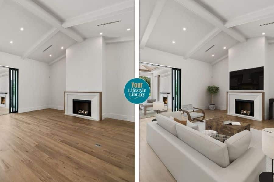 Side by side living room comparison showing an empty room on the left and a staged version on the right with a sofa. accent chairs. coffee table. plant. and wall mounted TV. Text reads “Your Lifestyle Library”.