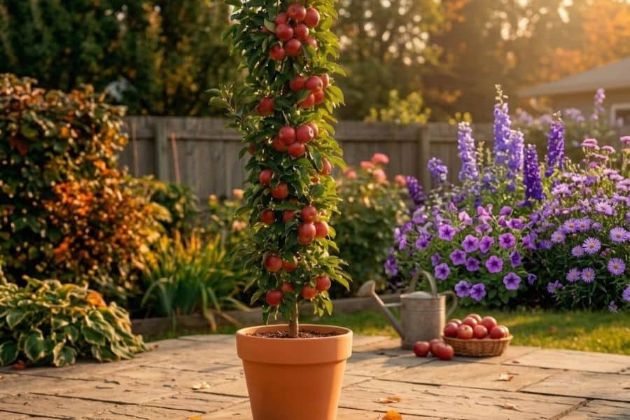 Potted columnar apple tree covered with ripe red apples stands on a sunny patio surrounded by flowering plants. This compact fruit tree is a practical choice for growing edible plants in small gardens, patios, or containers.
