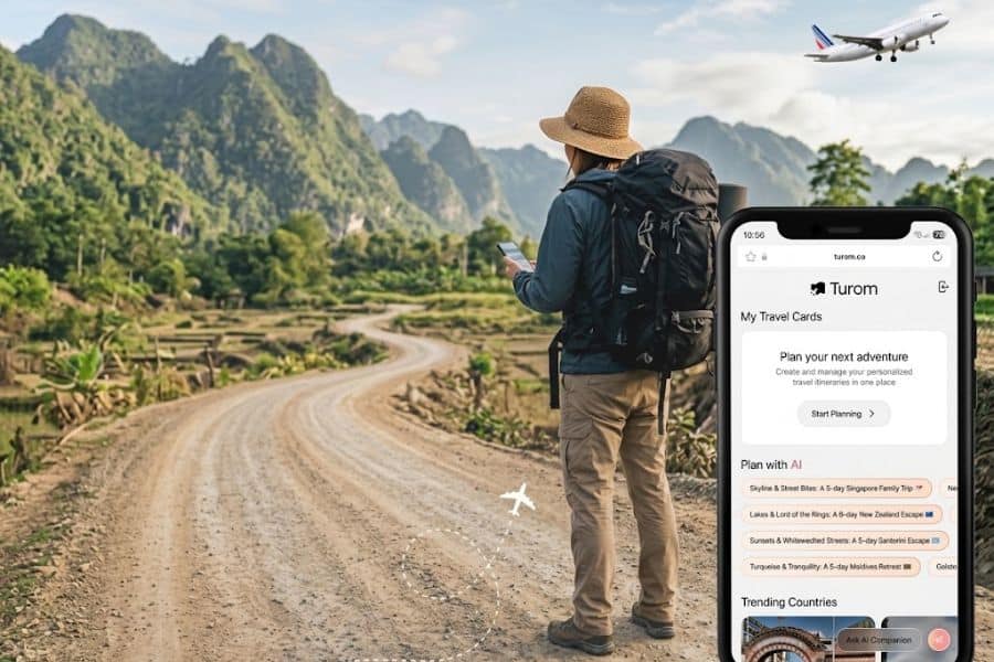 Backpacker checks a phone on a winding rural road surrounded by green mountains while the Turom travel planning interface appears beside them. The screen shows "My Travel Cards" and "Plan your next adventure" with AI itinerary suggestions for travelers using AI to plan my trip.