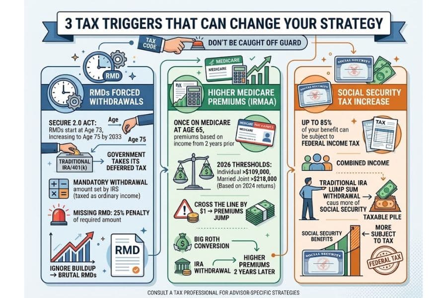 Three panel infographic explaining tax triggers that can affect retirement withdrawal order decisions. The infographic reads. "3 TAX TRIGGERS THAT CAN CHANGE YOUR STRATEGY. TAX CODE. DON'T BE CAUGHT OFF GUARD. RMDs FORCED WITHDRAWALS. SECURE 2.0 ACT. RMDs start at Age 73. increasing to Age 75 by 2033. Age 75. TRADITIONAL IRA 401(k). GOVERNMENT TAKES ITS DEFERRED TAX. MANDATORY WITHDRAWAL amount set by IRS. taxed as ordinary income. MISSING RMD. 25% PENALTY of required amount. IGNORE BUILDUP. BRUTAL RMDs. RMD. HIGHER MEDICARE PREMIUMS. IRMAA. ONCE ON MEDICARE AT AGE 65. premiums based on income from 2 years prior. 2026 THRESHOLDS. Individual over $109,000. Married Joint over $218,000. Based on 2024 returns. CROSS THE LINE BY $1. PREMIUMS JUMP. BIG ROTH CONVERSION. IRA WITHDRAWAL. HIGHER PREMIUMS 2 YEARS LATER. SOCIAL SECURITY TAX INCREASE. UP TO 85% of your benefit can be subject to FEDERAL INCOME TAX. COMBINED INCOME. TRADITIONAL IRA. LUMP SUM WITHDRAWAL. causes more of SOCIAL SECURITY. SOCIAL SECURITY BENEFITS. MORE SUBJECT TO TAX. FEDERAL TAX. CONSULT A TAX PROFESSIONAL FOR ADVISOR SPECIFIC STRATEGIES."