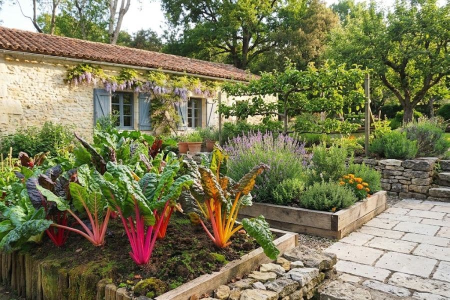 Raised garden beds filled with colorful leafy greens, herbs, and flowering plants surround a rustic stone cottage. The productive landscape shows how edible plants can be combined with ornamental flowers for a beautiful kitchen garden.