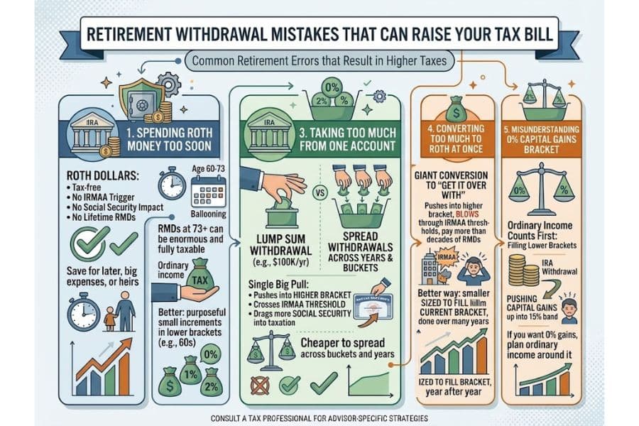 Illustrated infographic showing retirement withdrawal mistakes that can increase taxes by drawing too heavily or too early from particular accounts. The infographic reads. "RETIREMENT WITHDRAWAL MISTAKES THAT CAN RAISE YOUR TAX BILL. Common Retirement Errors that Result in Higher Taxes. 1. SPENDING ROTH MONEY TOO SOON. ROTH DOLLARS. Tax free. No IRMAA Trigger. No Social Security Impact. No Lifetime RMDs. Age 60 to 73. Ballooning. RMDs at 73 plus can be enormous and fully taxable. Ordinary Income. TAX. Save for later. big expenses. or heirs. Better. purposeful small increments in lower brackets. e.g. 60s. 0%. 1%. 2%. 3. TAKING TOO MUCH FROM ONE ACCOUNT. LUMP SUM WITHDRAWAL. e.g. $100k per year. VS. SPREAD WITHDRAWALS ACROSS YEARS AND BUCKETS. Single Big Pull. Pushes into HIGHER BRACKET. Crosses IRMAA THRESHOLD. Drags more SOCIAL SECURITY into taxation. Cheaper to spread across buckets and years. 4. CONVERTING TOO MUCH TO ROTH AT ONCE. GIANT CONVERSION TO GET IT OVER WITH. Pushes into higher bracket. BLOWS through IRMAA thresholds. pay more than decades of RMDs. Better way. smaller sized conversions to fill current bracket. done over many years. 5. MISUNDERSTANDING 0% CAPITAL GAINS BRACKET. Ordinary Income Fills First. IRA Withdrawal. Pushing CAPITAL GAINS up into 15% band. If you want 0% gains. plan ordinary income around it. CONSULT A TAX PROFESSIONAL FOR ADVISOR SPECIFIC STRATEGIES."