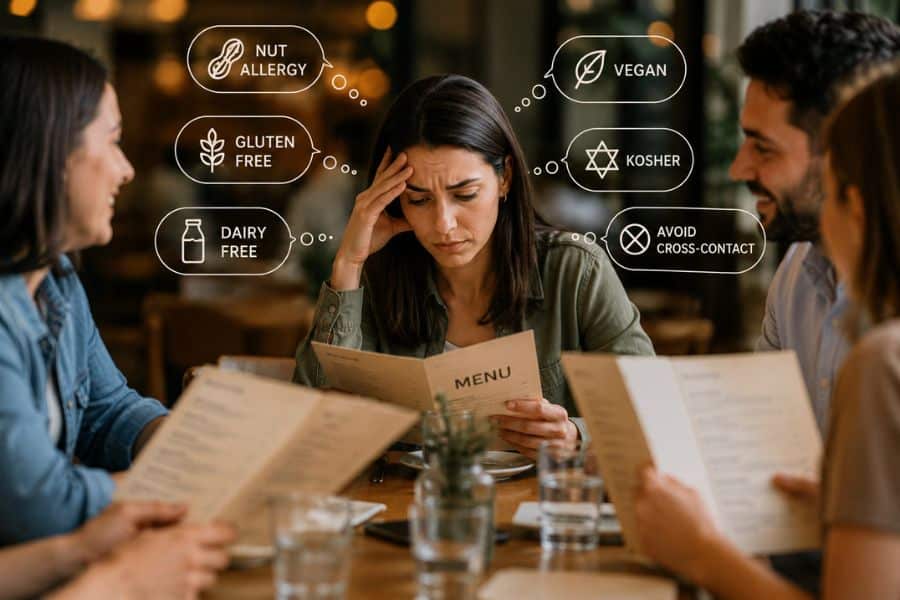 Concerned traveler studies a restaurant menu while dining with friends. Surrounding labels read "NUT ALLERGY" "GLUTEN FREE" "DAIRY FREE" "VEGAN" "KOSHER" and "AVOID CROSS CONTACT" highlighting dietary requirements travelers may need to consider when planning meals.