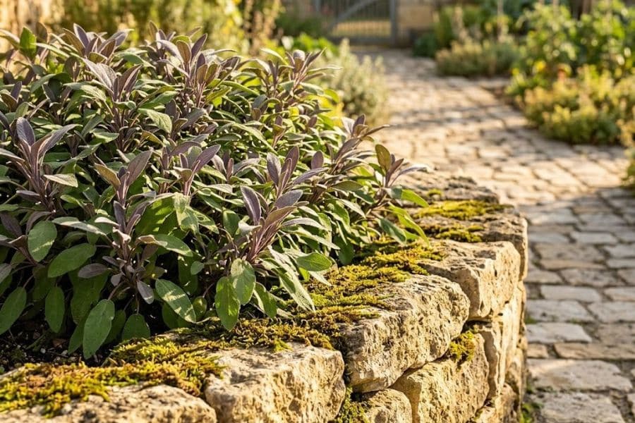 Sage plants with soft green and purple leaves grow along the edge of a stone garden wall beside a winding path. This culinary herb is an attractive edible plant that also adds texture to ornamental landscapes.