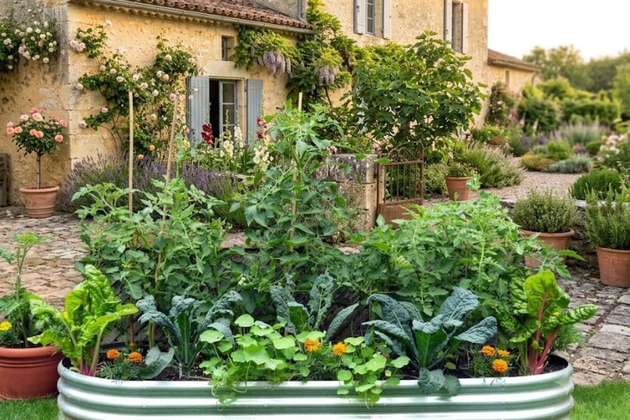 Raised metal garden bed filled with leafy vegetables, herbs, flowers, and climbing plants sits in front of a cottage garden. Mixing edible plants with flowering companions creates a productive and visually appealing growing space.