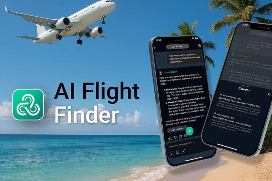 Tropical beach graphic with an airplane and two smartphone screens displaying an AI travel conversation about flights. Large text reads "AI Flight Finder" showing how travelers can use AI to research airfare.
