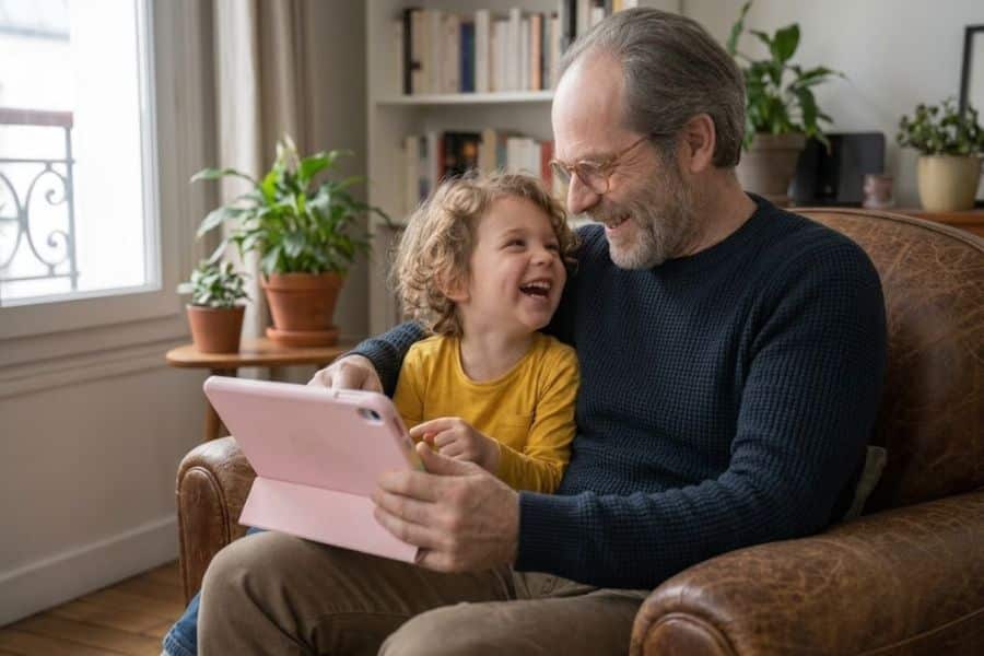 Older man laughing with a young child while they share a tablet in a comfortable living room. The tablet supports learning, entertainment, and family activities that can be enhanced with AI prompts for seniors.